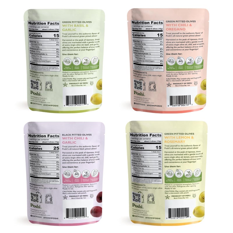 Poshi Natural Whole Pitted Olives | 24 Pack Variety | Basil & Garlic, Chili & Oregano, Chili + Garlic, Lemon & Rosemary | Vegan, Kosher, Gluten Free + Keto Friendly Healthy Snacks, 1.1 Oz (Pack of 24) - Image 2